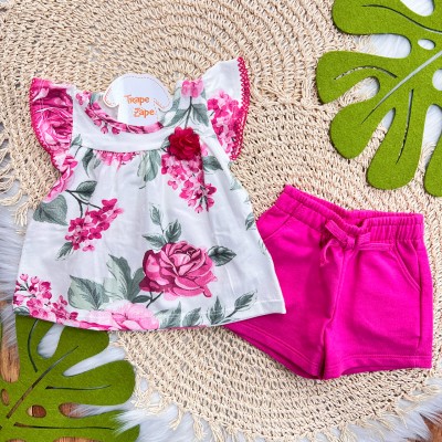 Conj. Blusa com Flrozinha em Tule e Short em Moletinho - Pink